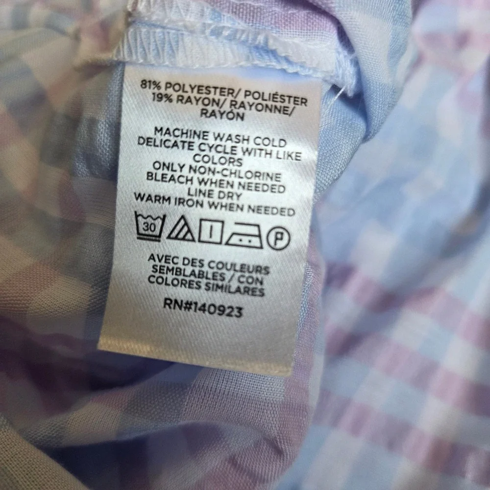 LOFT Petites Blue‎ Purple Gingham Seersucker Puff Sleeve Tie Neck Blouse Lg P